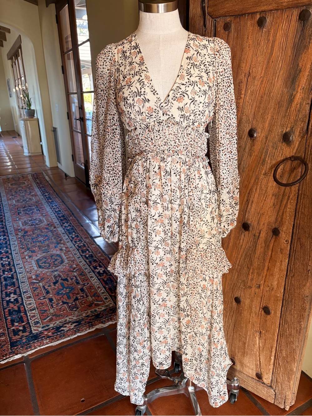 Ulla Johnson Cream Floral Maxi Dress with Peach and Green Print